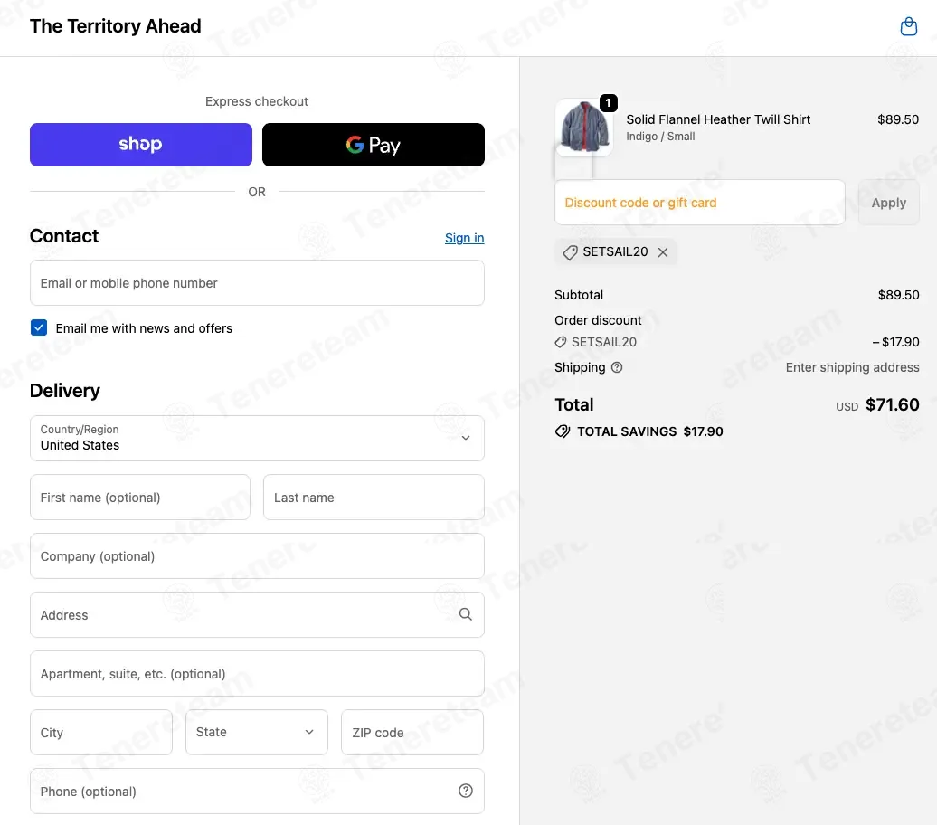 Territory Ahead coupon code: 20% off with SETSAIL20. Tested and valid as 8 months ago.