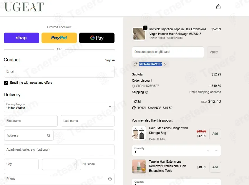 Ugeat Hair coupon code: 20% off with SIGNJ4Q6W527. Tested and valid as 2 months ago.