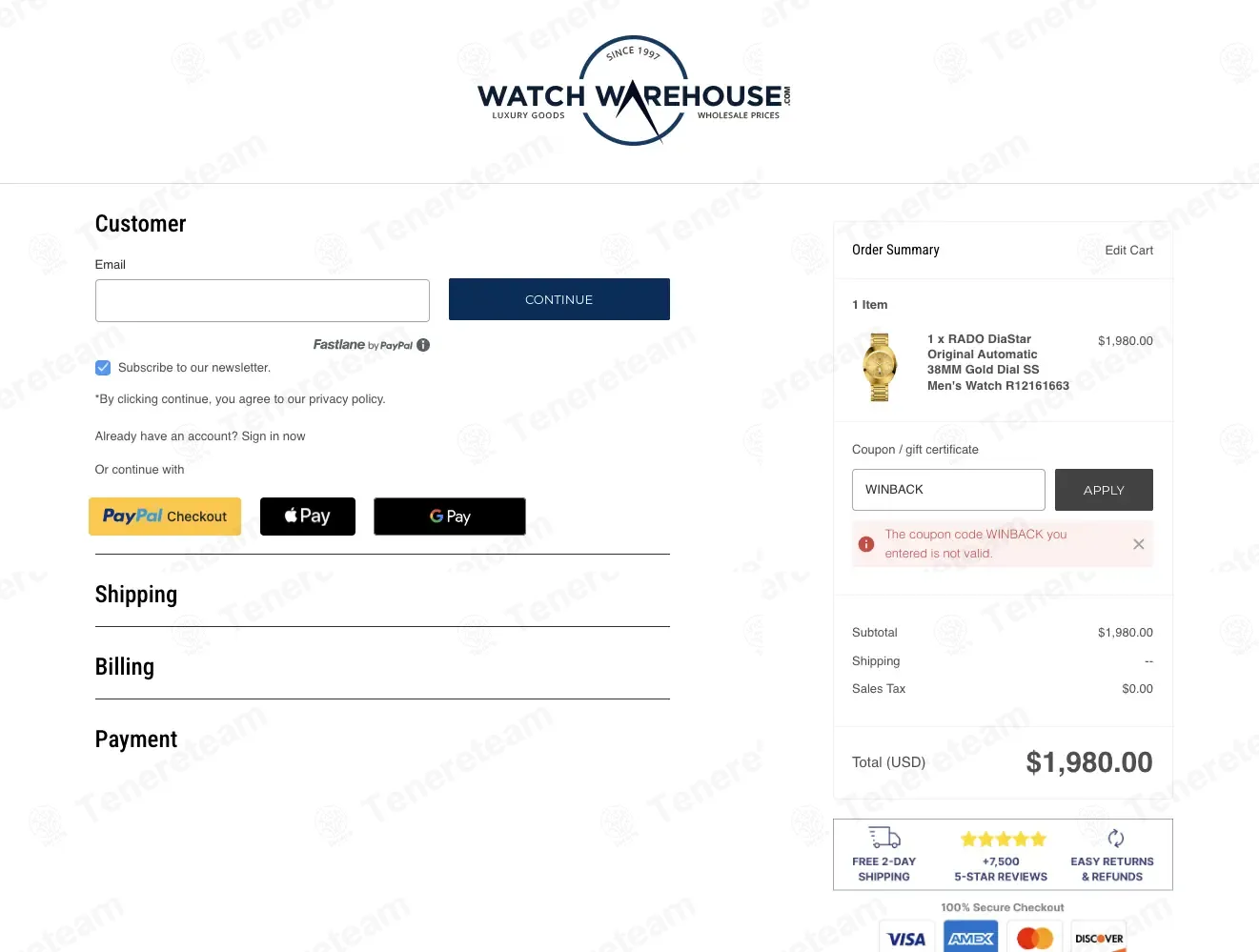 Watch Warehouse coupon code: $10 off with WINBACK. Tested and valid as 2 months ago.
