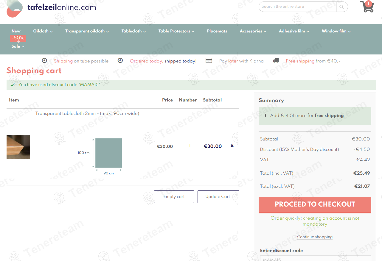 Tafelzeilonline coupon code: 15% off with MAMA15. Tested and valid as 1 year ago.
