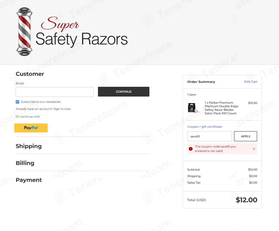 Super Safety Razors coupon code: 10% off with save10. Tested and valid as 4 months ago.