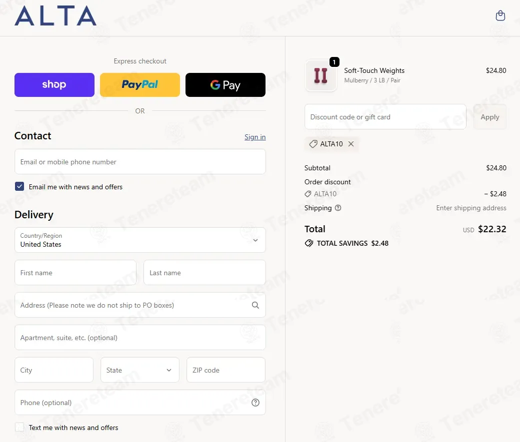 Altafit Shop coupon code: 10% off with ALTA10. Tested and valid as 9 months ago.