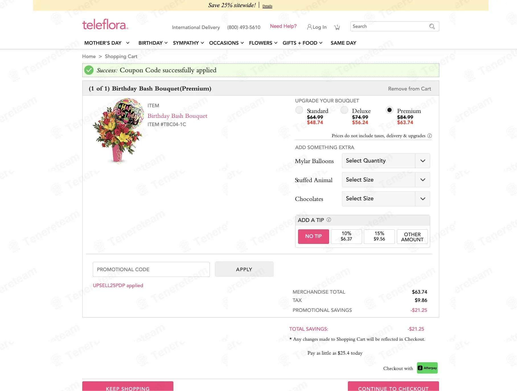 Teleflora coupon code: 25% off with UPSELL25PDP. Tested and valid as 2 weeks ago.