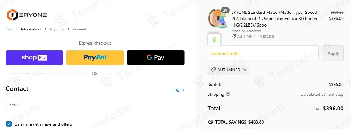 Eryone3d CA coupon code: 55% off with AUTUMN55. Tested and valid as 1 year ago.