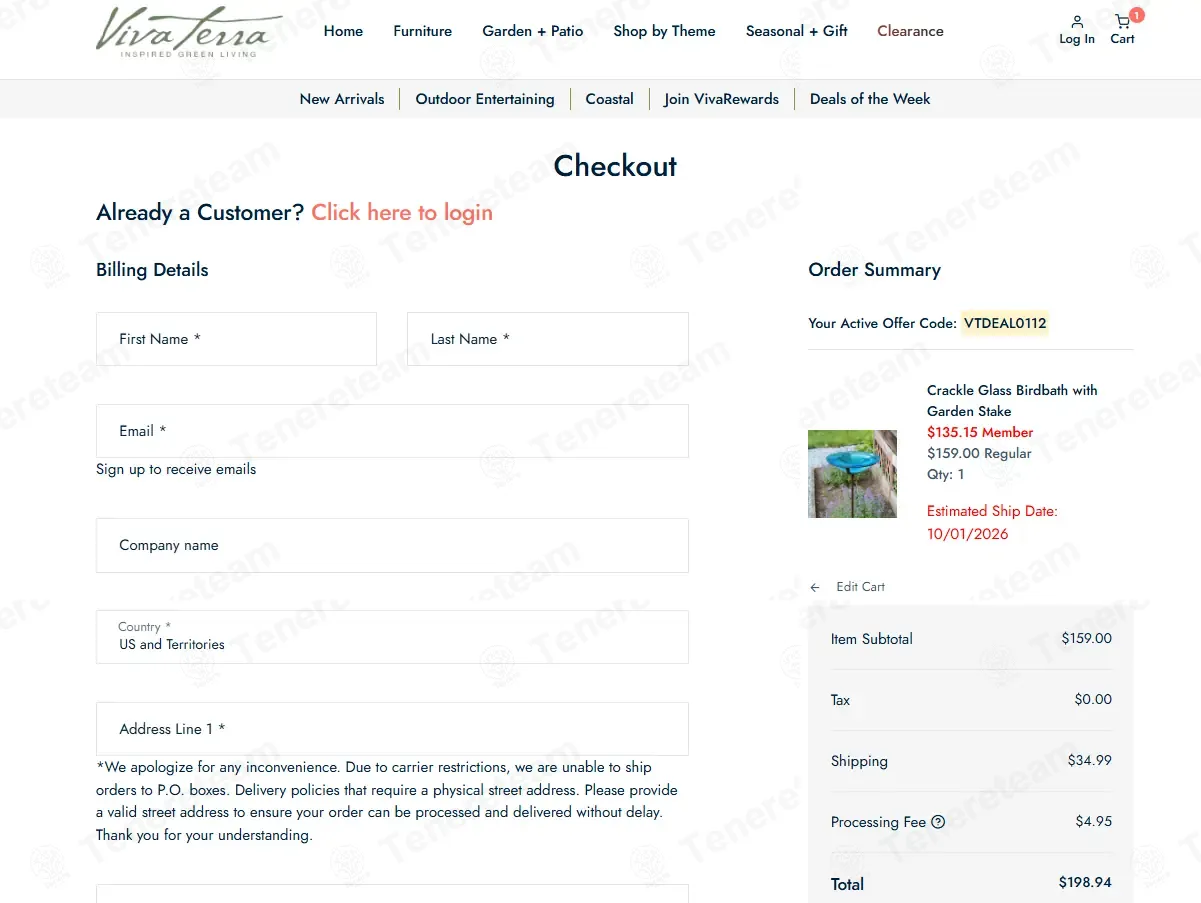 Vivaterra coupon code: 10% off with VTDEAL0112. Tested and valid as 1 minute ago.