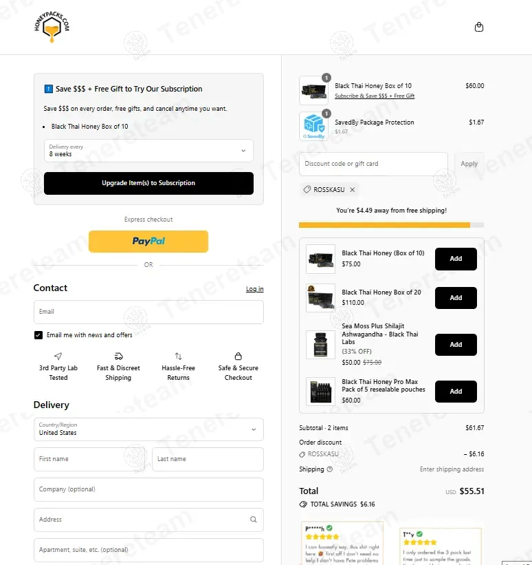 HoneyPacks coupon code: 10% off with ROSSKASU. Tested and valid as 9 months ago.