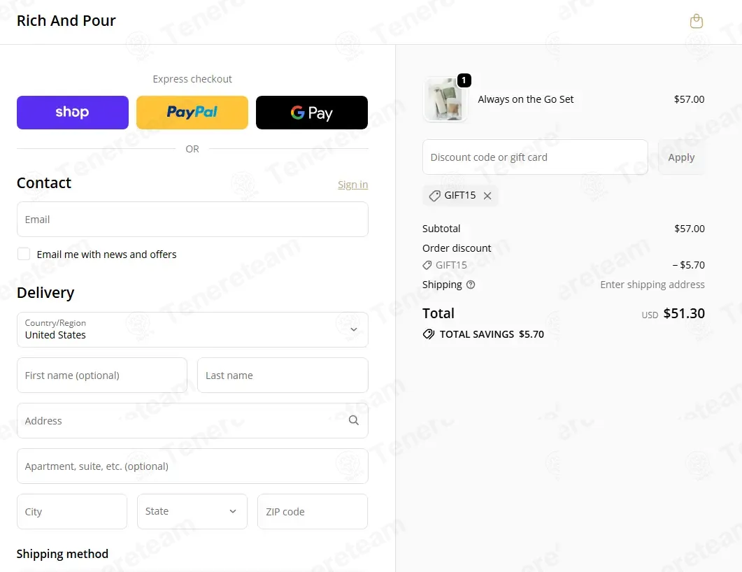 Rich and Pour coupon code: 10% off with GIFT15. Tested and valid as 2 weeks ago.