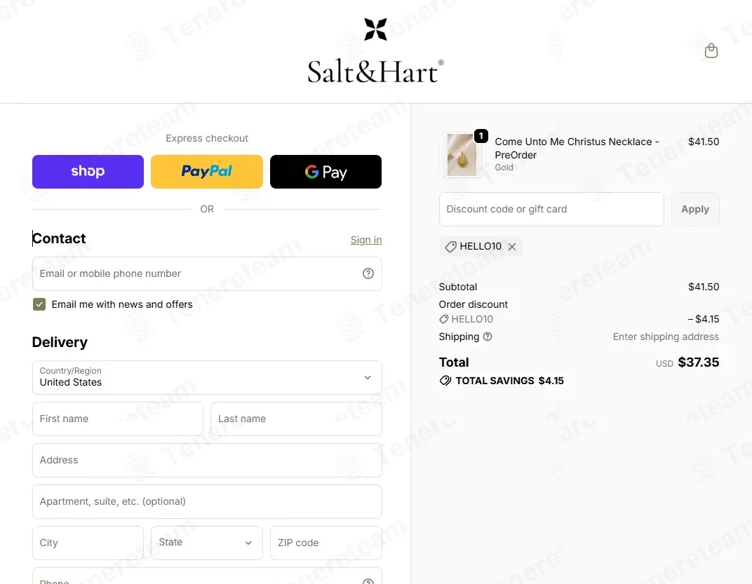 Salt and Hart coupon code: 10% off with HELLO10. Tested and valid as 3 weeks ago.