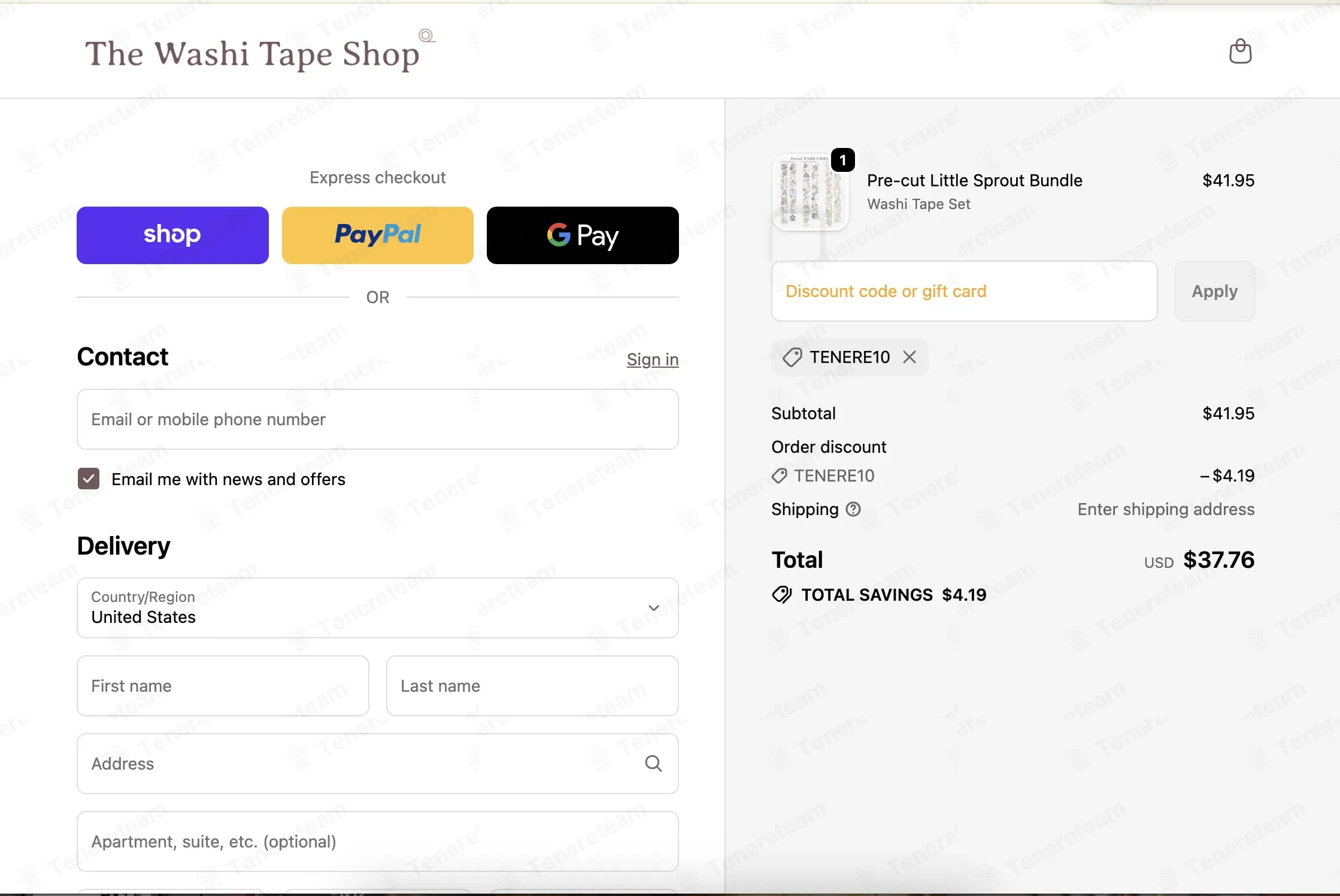 The Washi Tape Shop coupon code: 10% off with TENERE10. Tested and valid as 2 weeks ago.