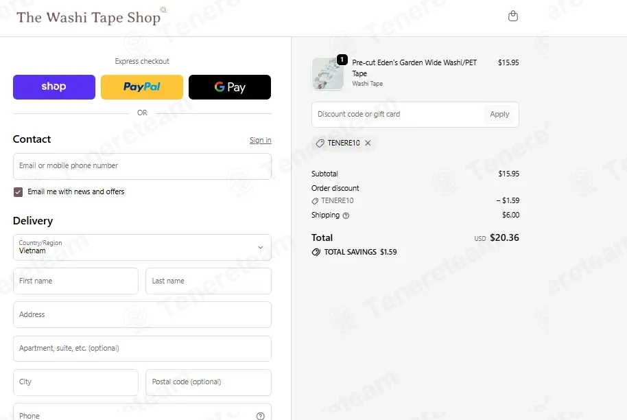 The Washi Tape Shop coupon code: 10% off with TENERE10. Tested and valid as 2 weeks ago.