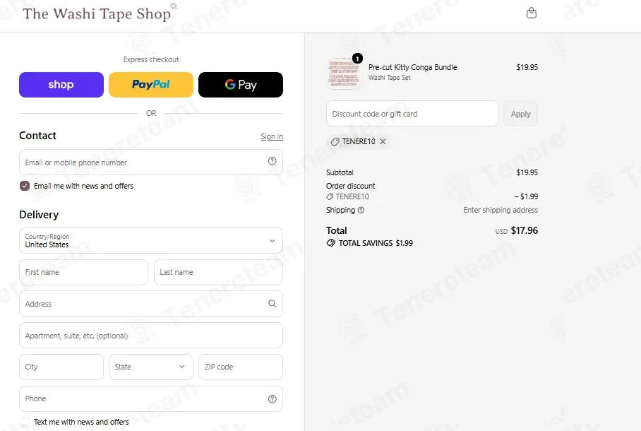The Washi Tape Shop coupon code: 10% off with TENERE10. Tested and valid as 2 weeks ago.