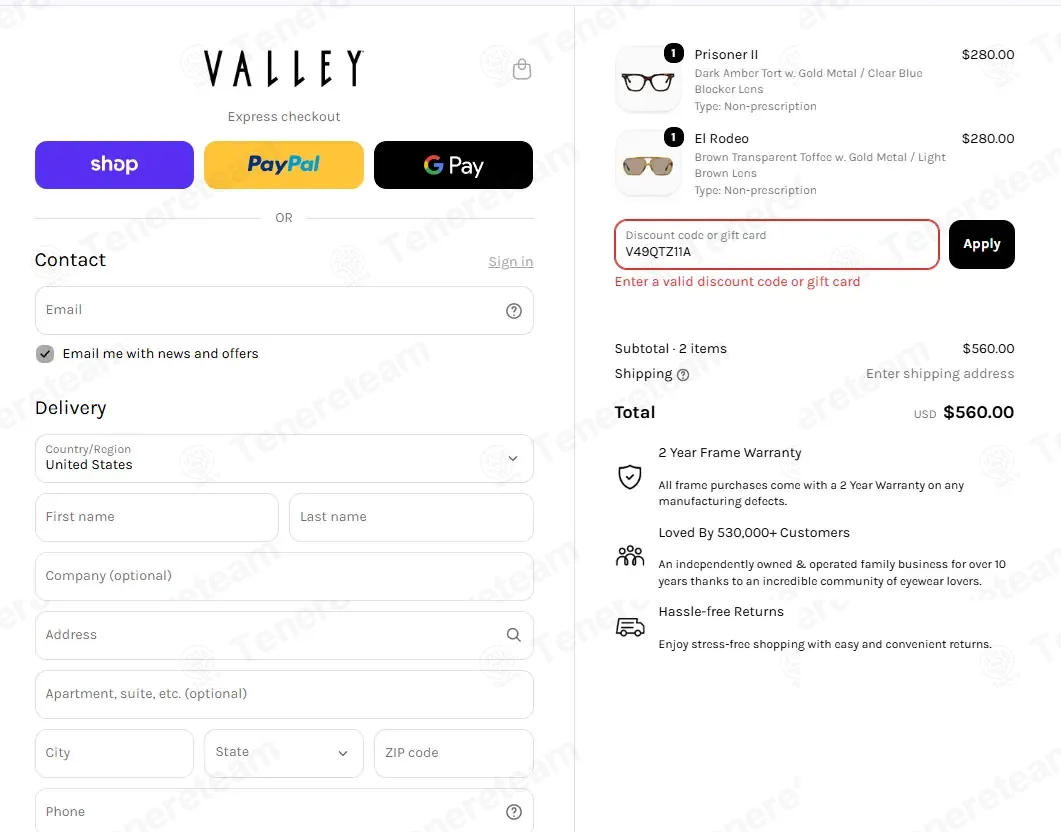 Valley Eyewear coupon code: 10% off with V49QTZ11A. Tested and valid as 5 days ago.