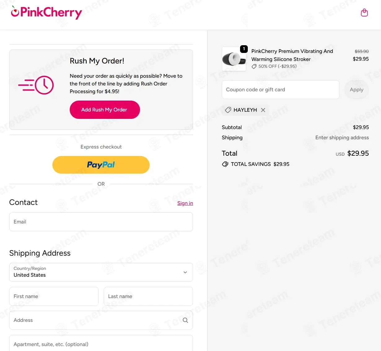 PinkCherry coupon code: 50% off with HAYLEYH. Tested and valid as 9 months ago.