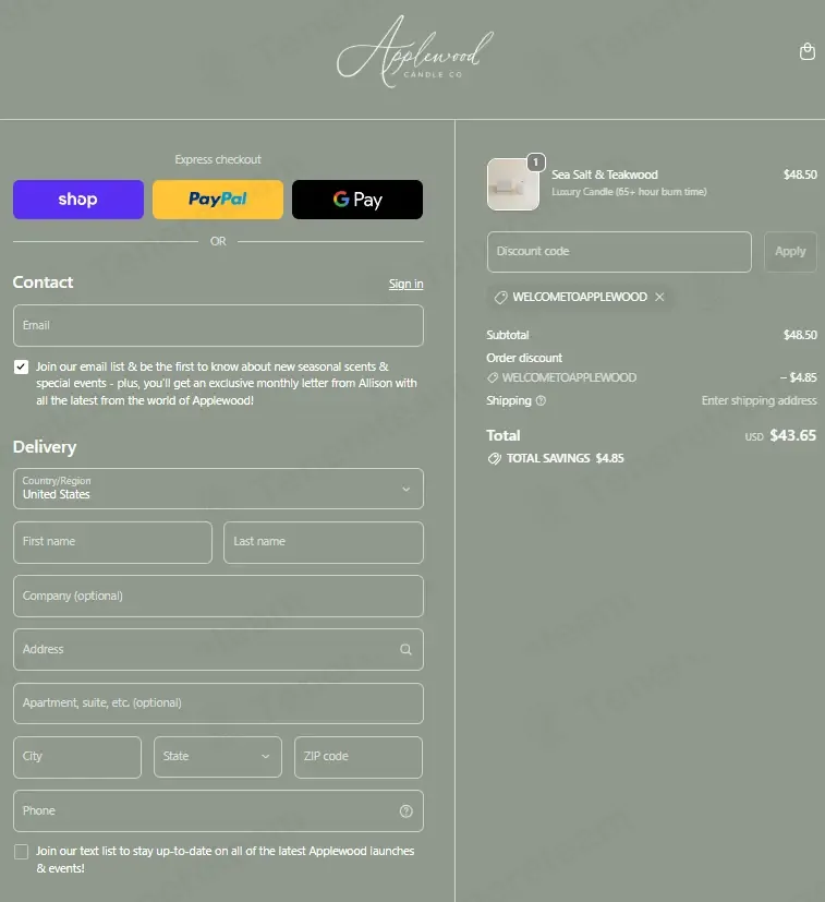 Applewood Candle Co. coupon code: 10% off with WELCOMETOAPPLEWOOD. Tested and valid as 1 month ago.