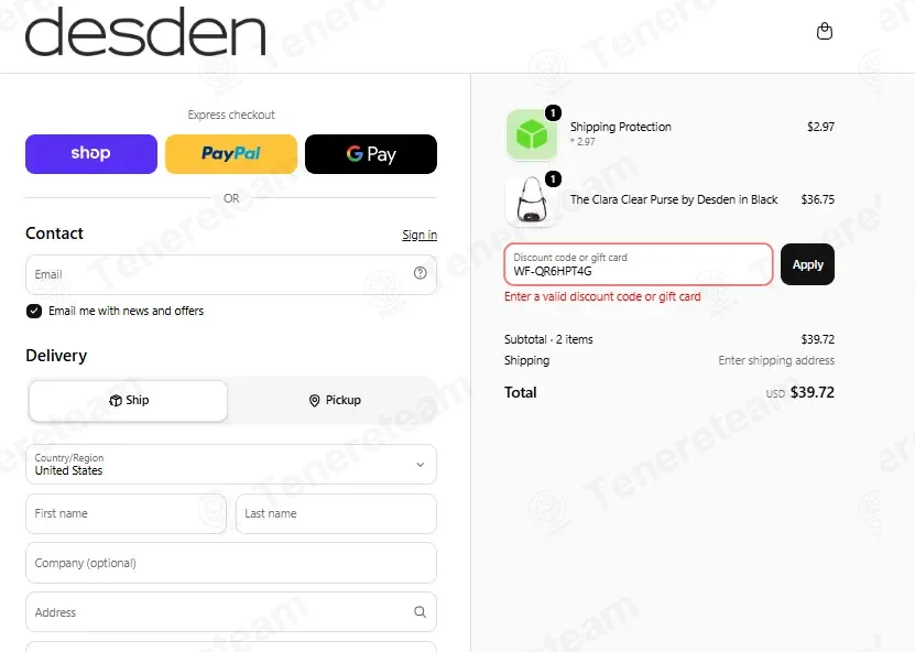 Desden coupon code: $10 off with WF-QR6HPT4G. Tested and valid as 2 weeks ago.