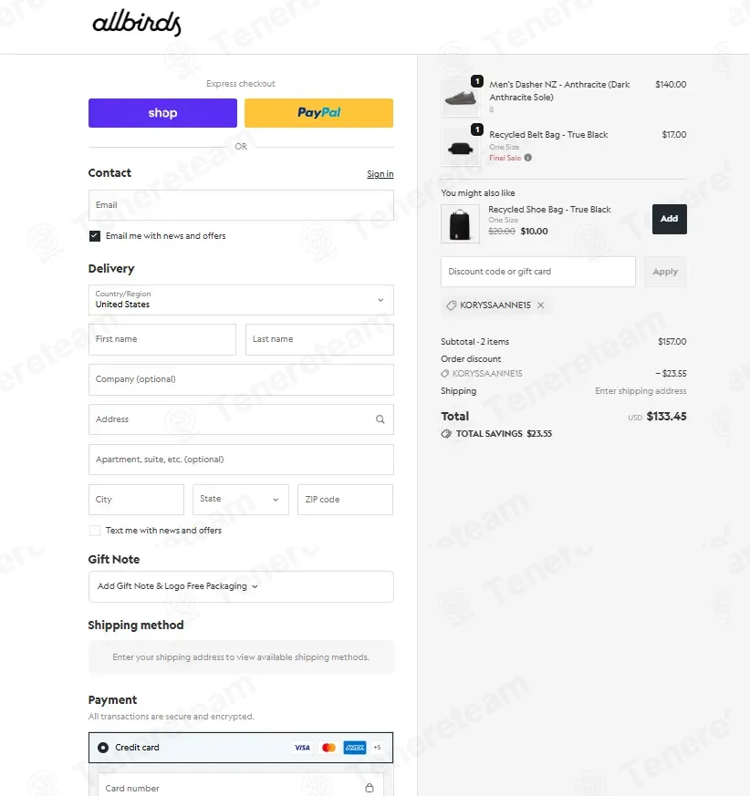 Allbirds coupon code: 15% off with KORYSSAANNE15. Tested and valid as 1 month ago.