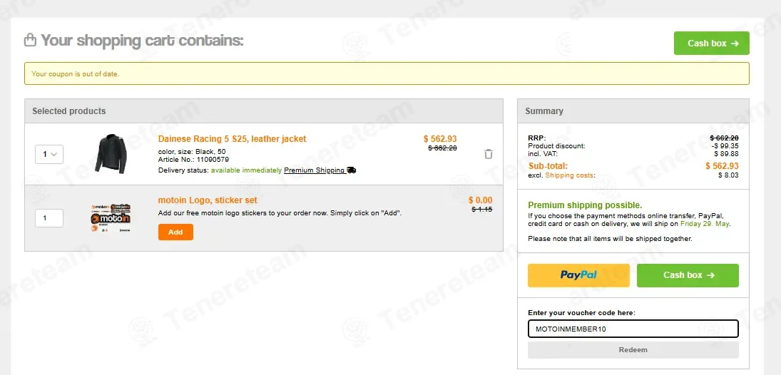 Motoin coupon code: €10 off with MOTOINMEMBER10. Tested and valid as 1 month ago.