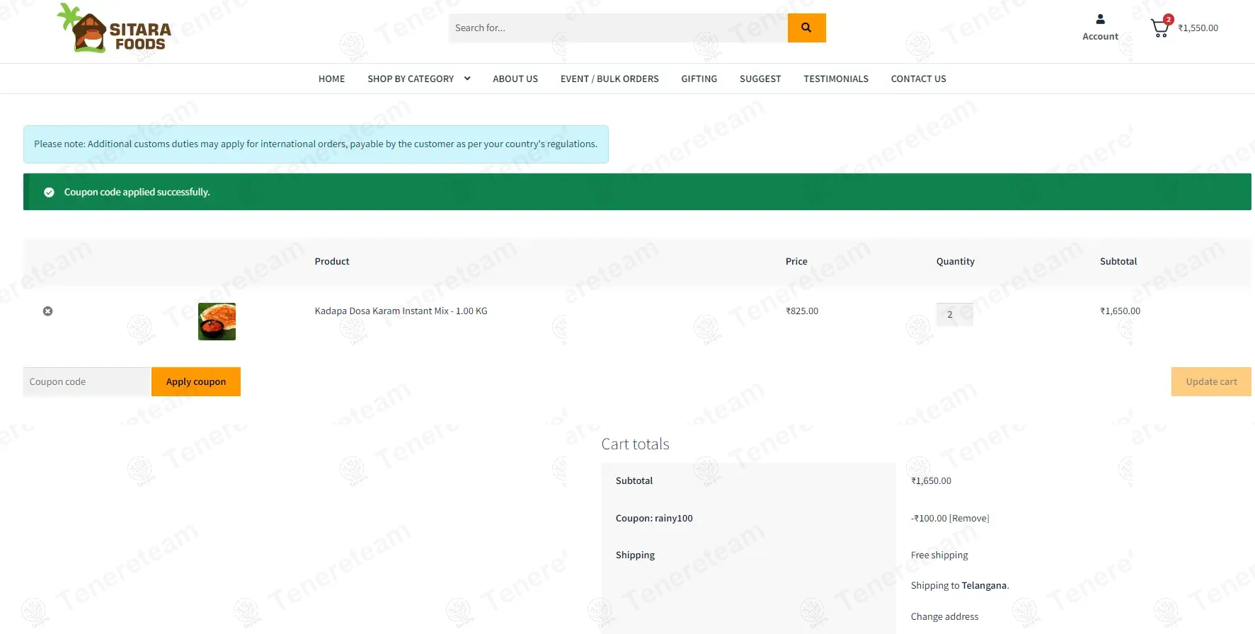 Sitara Foods coupon code: 10% off with RAINY100. Tested and valid as 11 months ago.