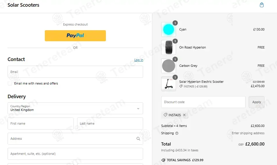 Solar Scooters coupon code: 5% off with INSTA05. Tested and valid as 1 year ago.