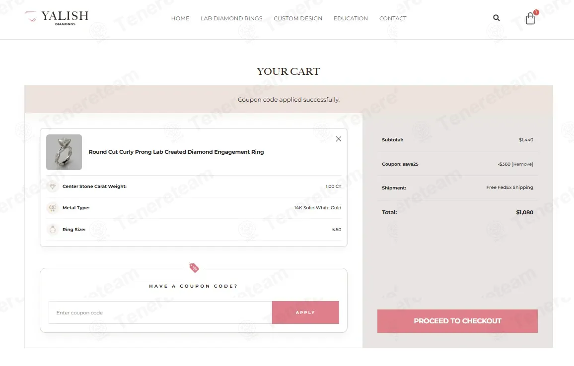 Yalish Diamonds coupon code: 25% off with save25. Tested and valid as 3 weeks ago.