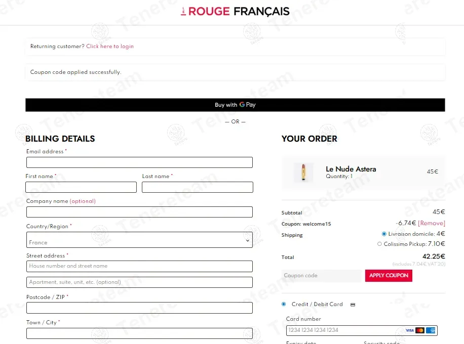 Le Rouge Francais coupon code: 15% off with WELCOME15. Tested and valid as 11 months ago.