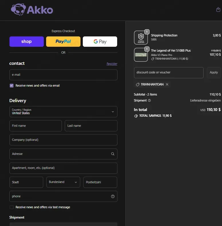 Akkogear coupon code: 10% off with TRINHNHANTOAN. Tested and valid as 1 month ago.