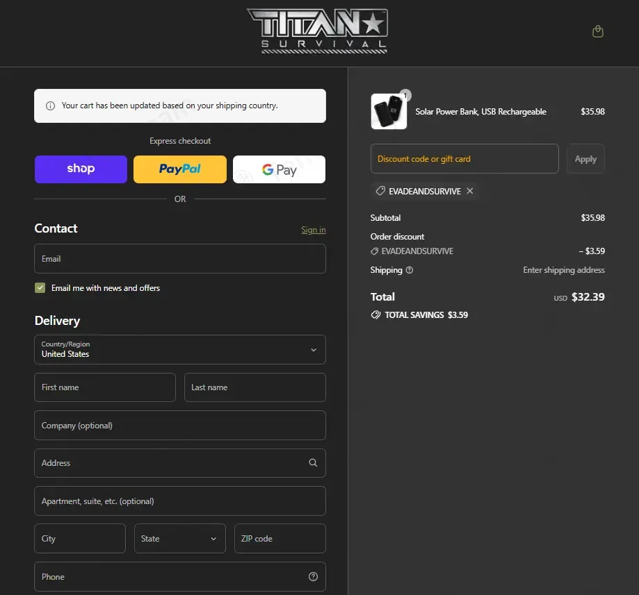 Titan Survival coupon code: 10% off with EVADEANDSURVIVE. Tested and valid as 10 months ago.