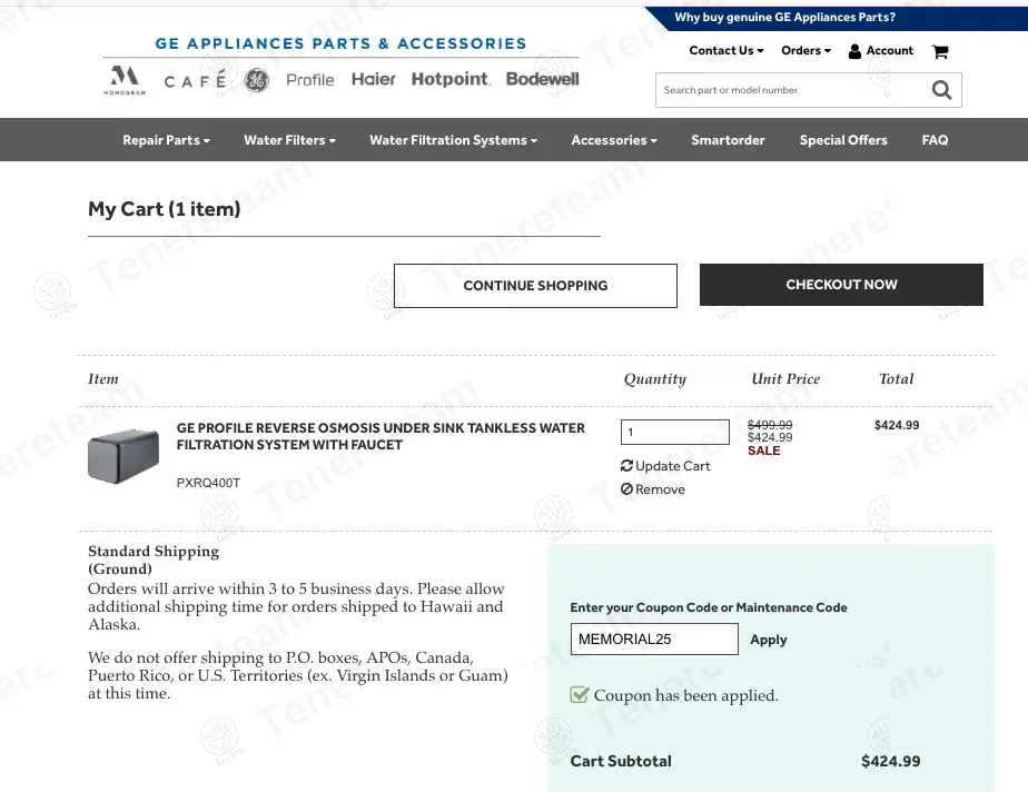 Geapplianceparts coupon code: 15% off with MEMORIAL25. Tested and valid as 1 year ago.