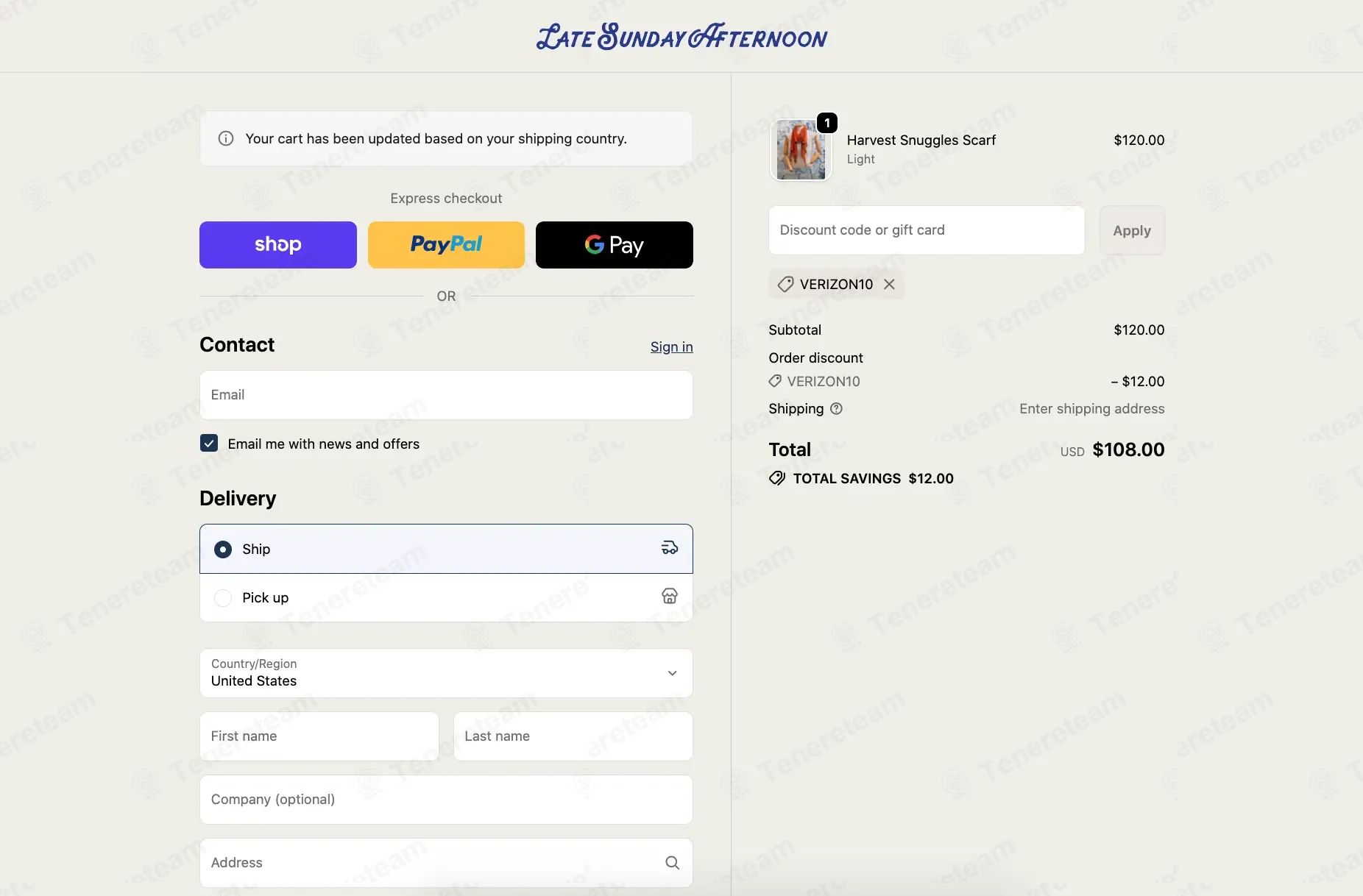 Late Sunday Afternoon coupon code: 10% off with VERIZON10. Tested and valid as 8 months ago.