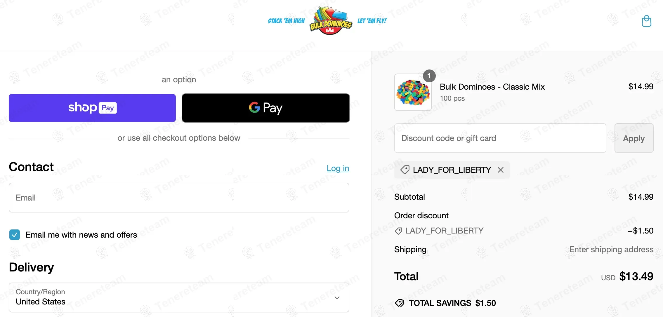 Bulk Dominoes coupon code: 10% off with LADY_FOR_LIBERTY. Tested and valid as 1 year ago.