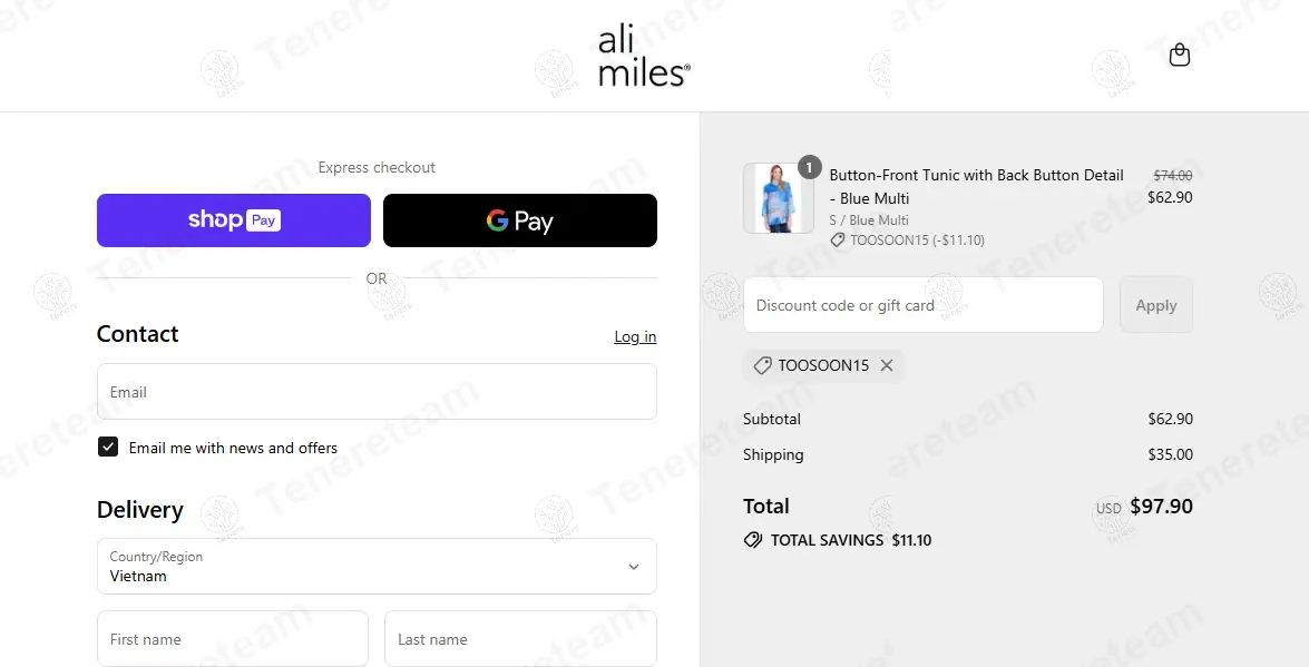 Ali Miles coupon code: 15% off with TOOSOON15. Tested and valid as 10 months ago.