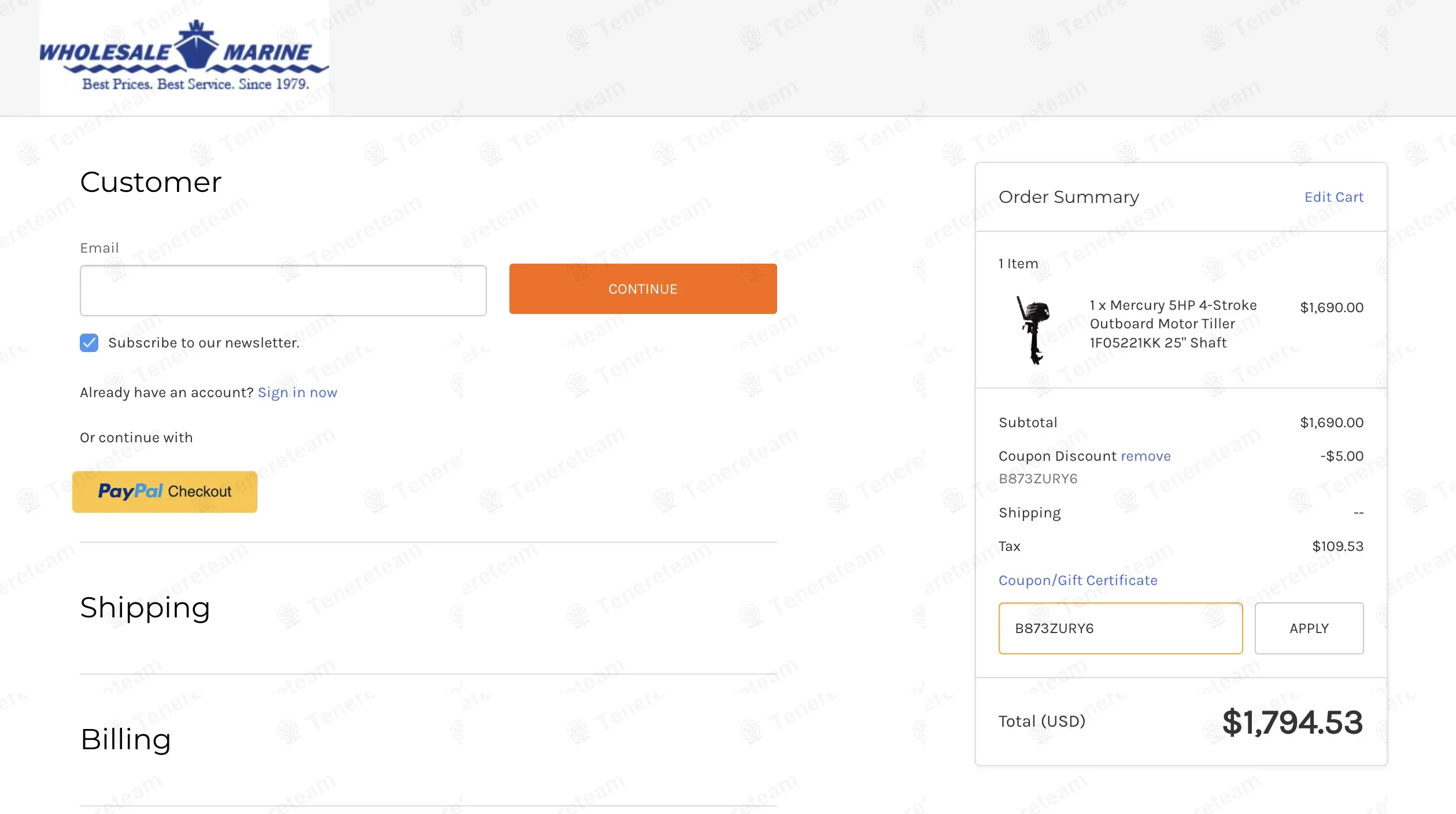 Wholesale Marine coupon code: $5 off with B873ZURY6. Tested and valid as 1 year ago.