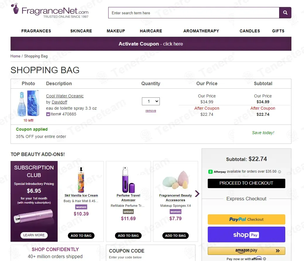 FragranceNet coupon code: 35% off with NWTC4. Tested and valid as 1 month ago.