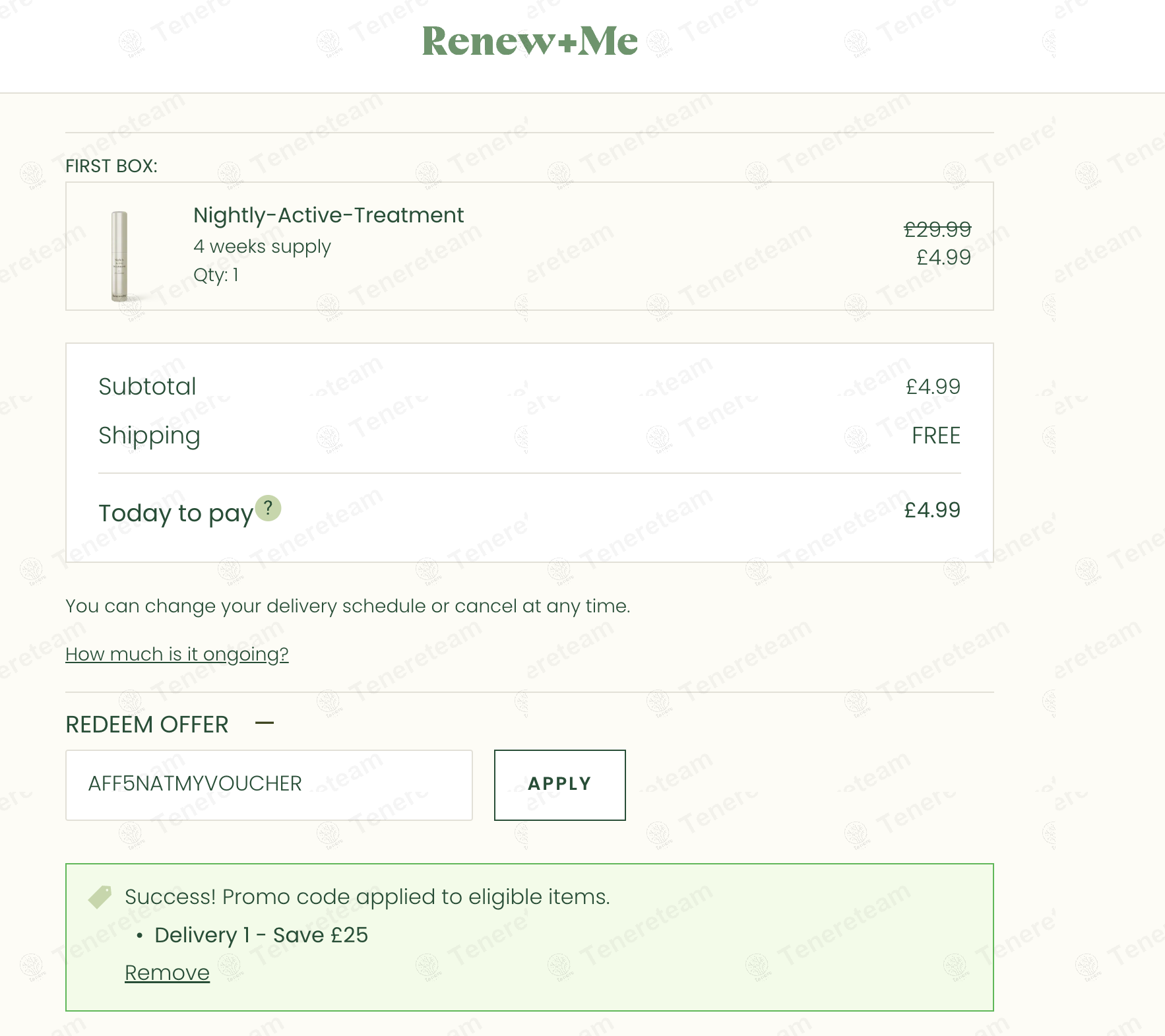 Renew and Me coupon code: £25 off with AFF5NATMYVOUCHER. Tested and valid as 1 year ago.