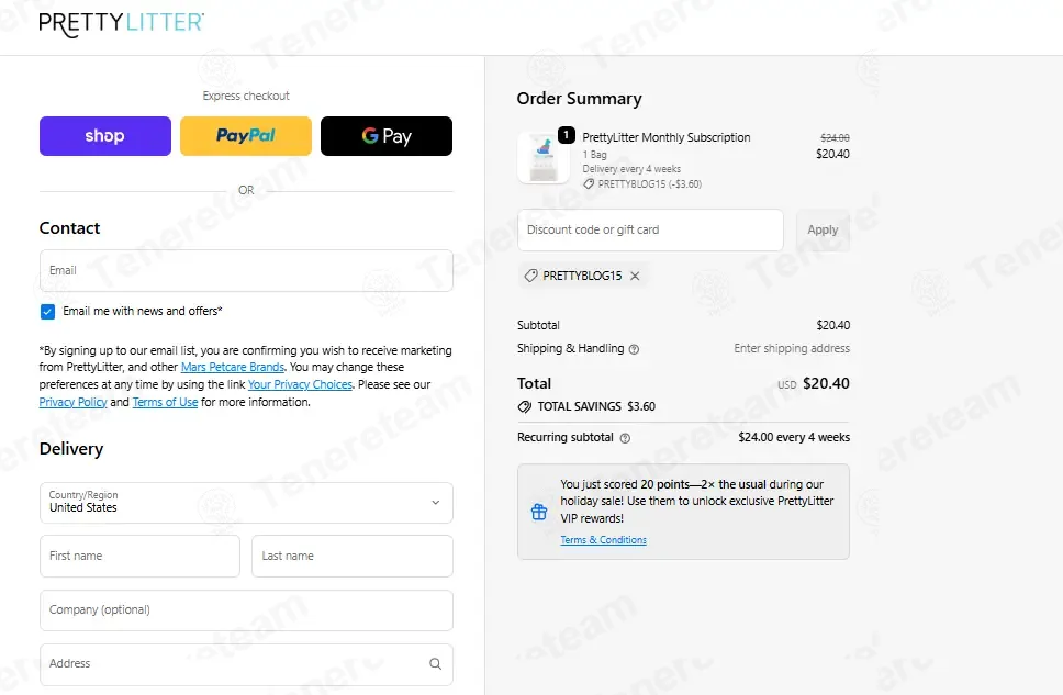 PrettyLitter coupon code: 15% off with PRETTYBLOG15. Tested and valid as 1 week ago.