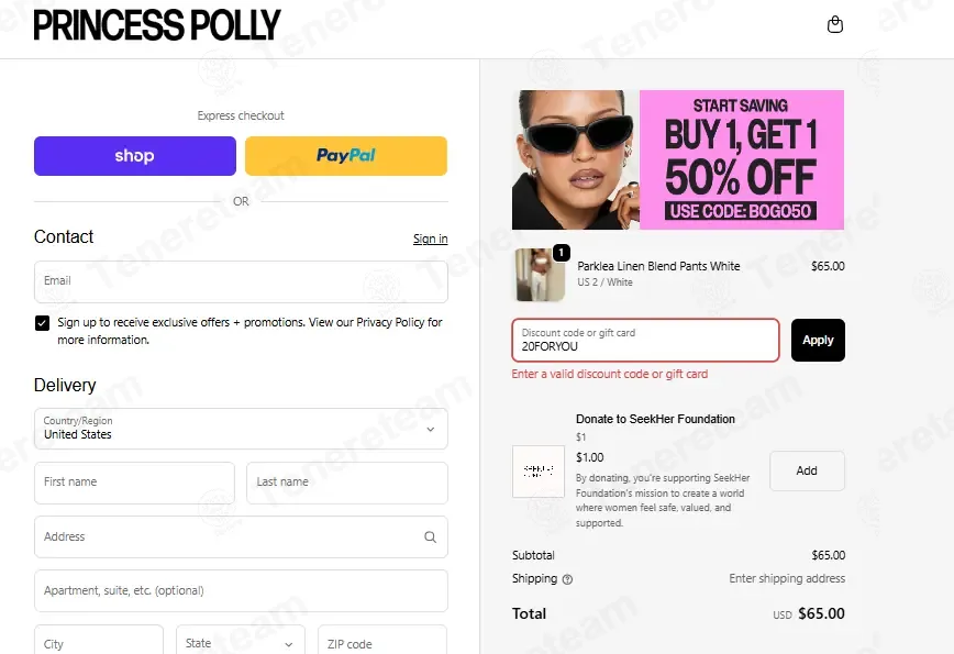Princess Polly USA coupon code: 20% off with 20FORYOU. Tested and valid as 3 weeks ago.