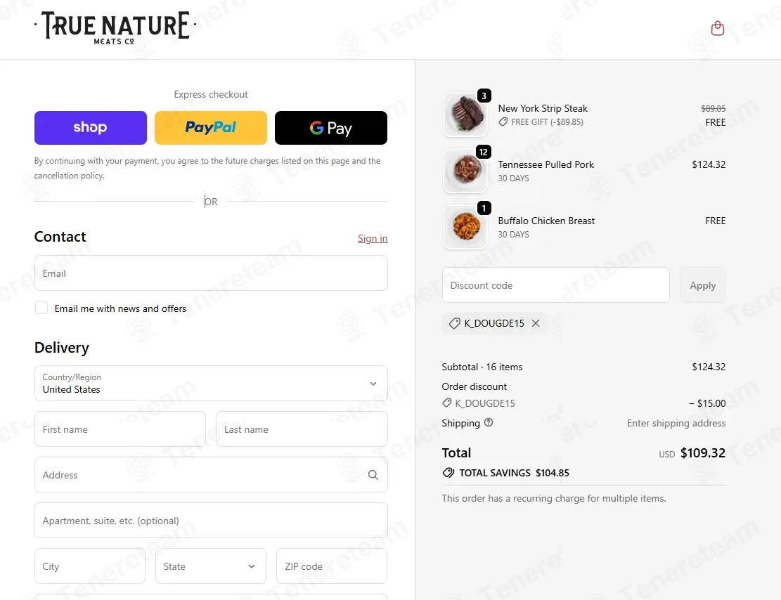 True Nature Meats coupon code: $15 off with K_DOUGDE15. Tested and valid as 1 month ago.