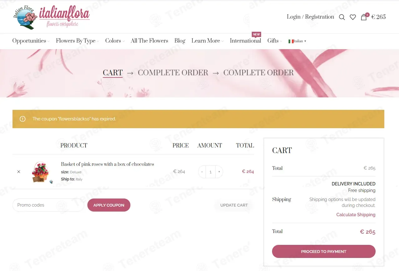 Italian Flora IT coupon code: 10% off with FLOWERSBLACK10. Tested and valid as 2 months ago.