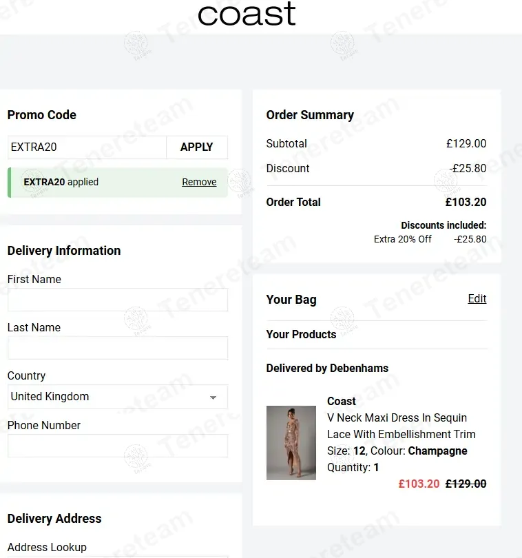 Coast Fashion coupon code: 20% off with EXTRA20. Tested and valid as 1 year ago.