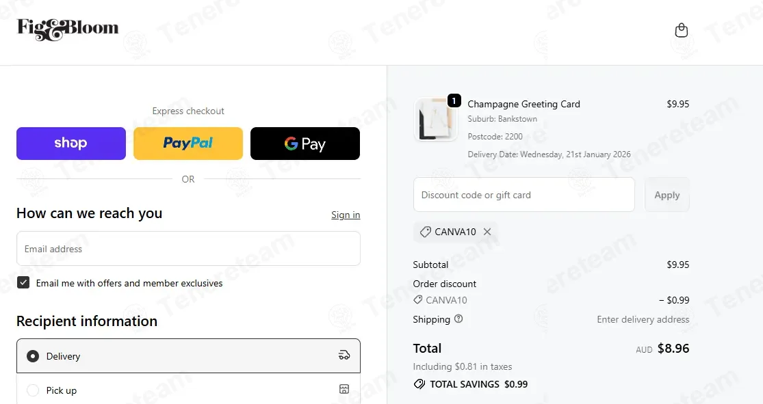Fig and Bloom coupon code: 10% off with CANVA10. Tested and valid as 2 months ago.