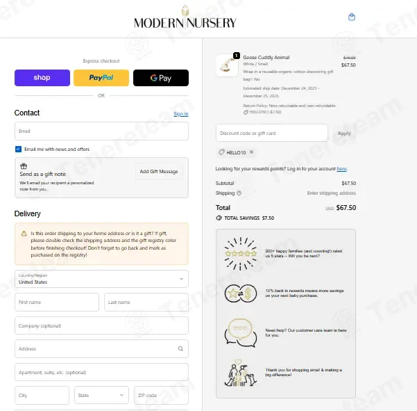 Modern Nursery coupon code: 10% off with HELLO10. Tested and valid as 1 month ago.