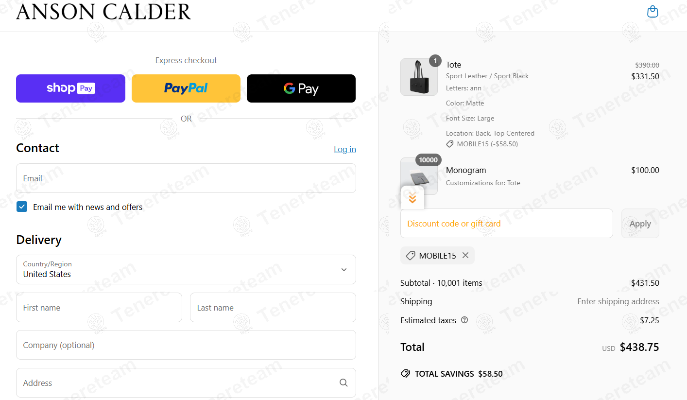 Anson Calder coupon code: 15% off with MOBILE15. Tested and valid as 1 year ago.
