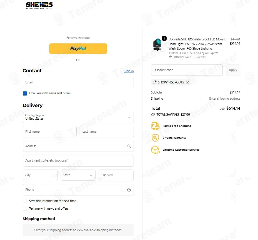 Shehds coupon code re-checked and confirmed working at checkout
