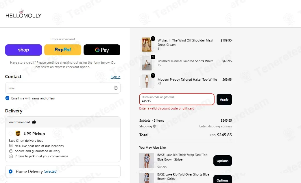 Hello Molly coupon code: 15% off with APP15. Tested and valid as 4 weeks ago.