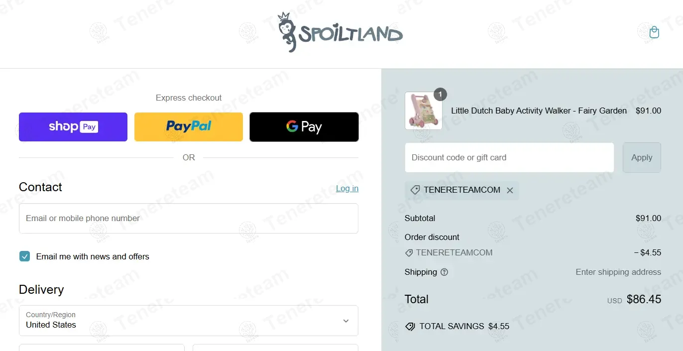 Spoiltland coupon code: 10% off with tenereteamcom. Tested and valid as 1 year ago.