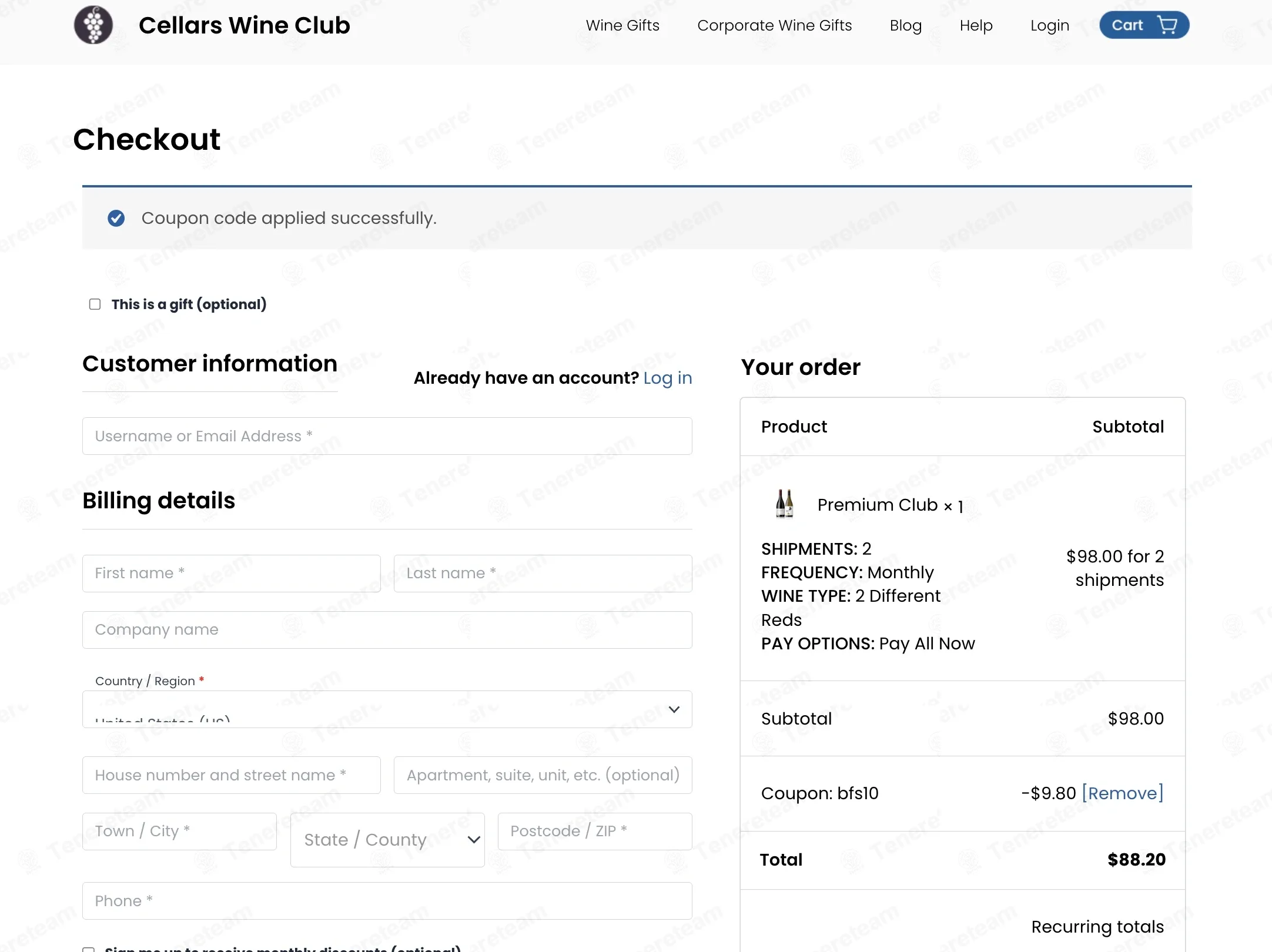 Cellars Wine Club coupon code: 10% off with BFS10. Tested and valid as 3 weeks ago.