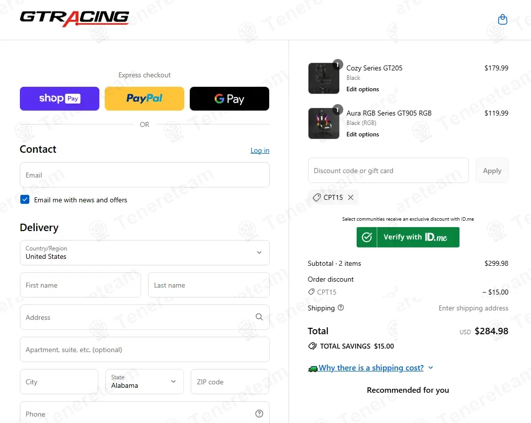 Gtracing coupon code: $15 off with CPT15. Tested and valid as 7 months ago.