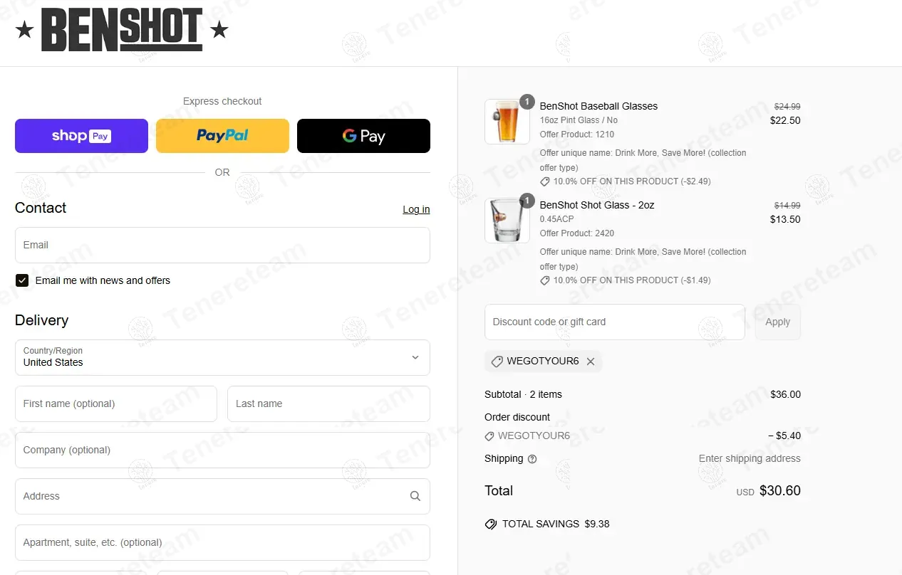 Benshot coupon code: 15% off with WEGOTYOUR6. Tested and valid as 7 months ago.