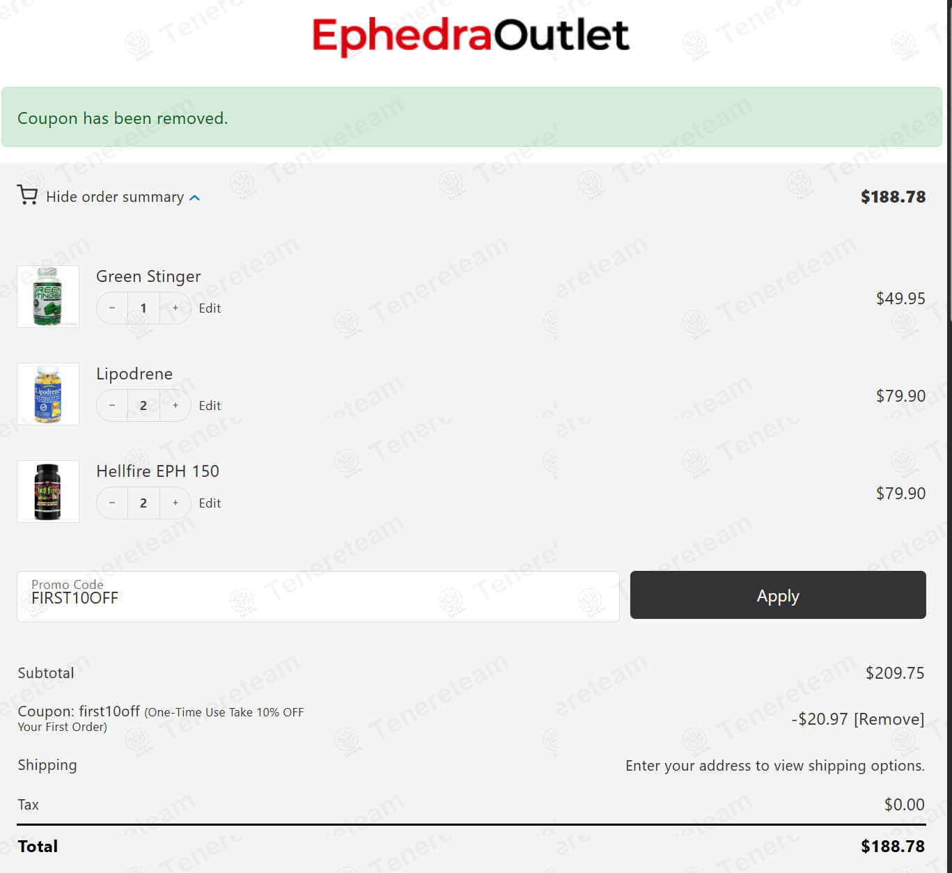 Ephedra Outlet coupon code: 10% off with FIRST10OFF. Tested and valid as 9 months ago.