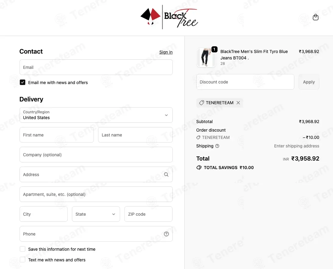 My Black Tree coupon code: Rs10 off with TENERETEAM. Tested and valid as 1 month ago.
